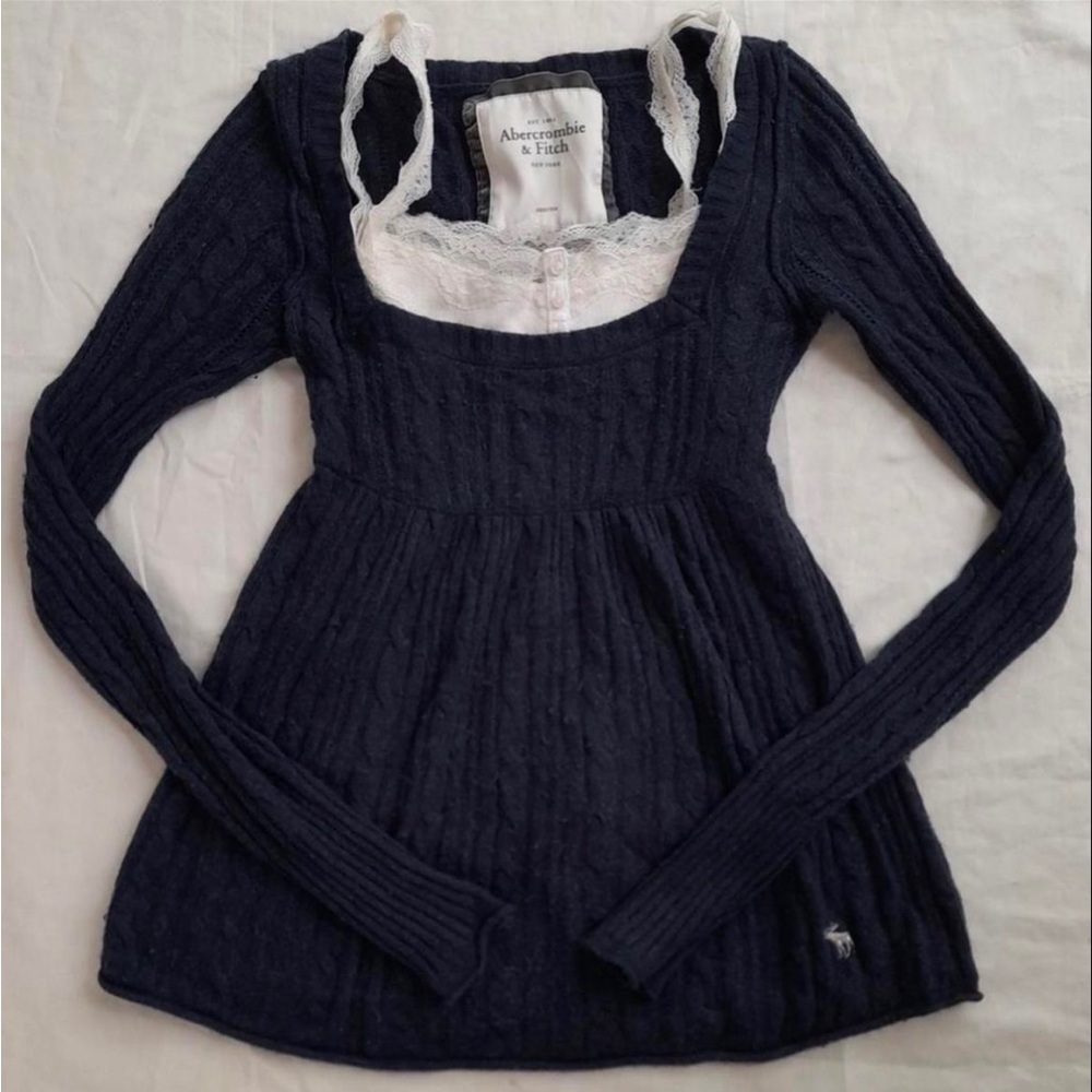 Y2K Vintage Abercrombie & Fitch Babydoll Sweater Top Sz L Cable Knit Bella Swan - Picture 10 of 11